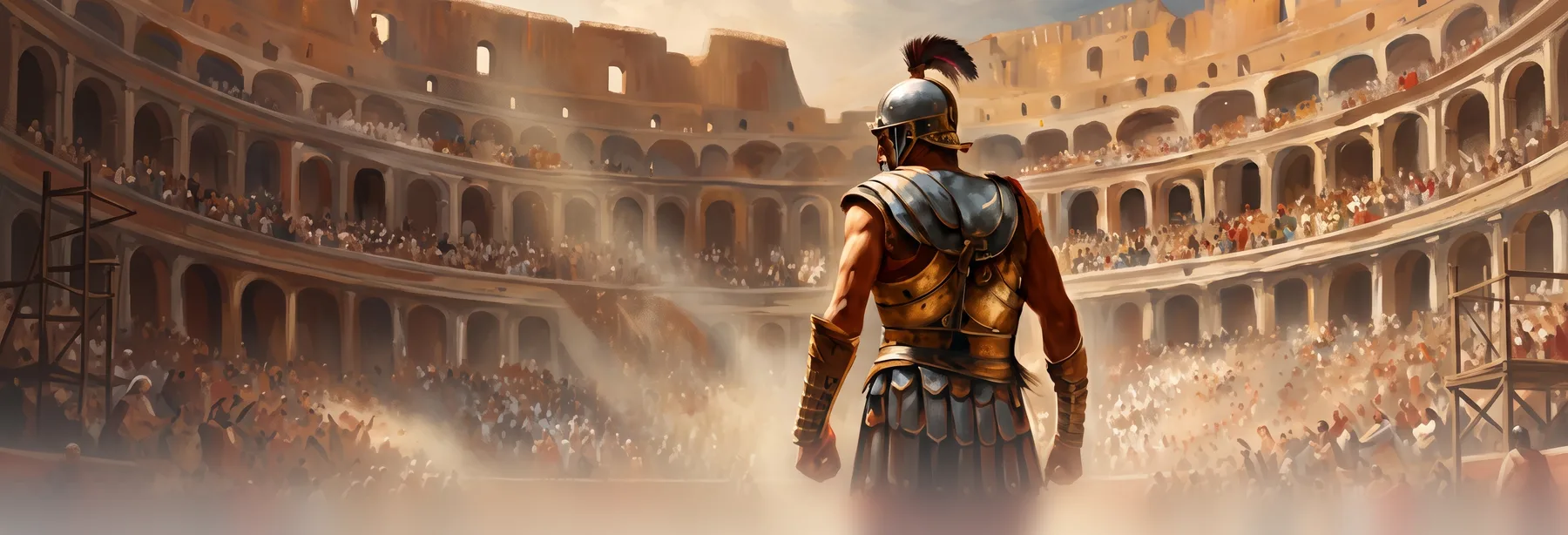Római gladiátor áll a Colosseum arénájában, a lelátókon ünneplő közönség